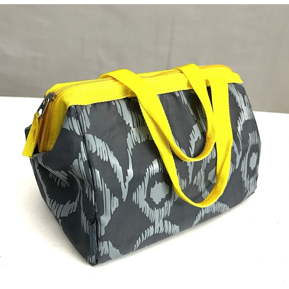 LIFOAM Insulated Lunch Bag Gray Ikat Yellow Trim Cooler‎ Bag Wide Mouth